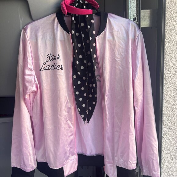 Womens Grease Bomber Jacket Pink Ladies Spell Full Zip w/ Scarf & Glasses & Bow - Picture 2 of 5